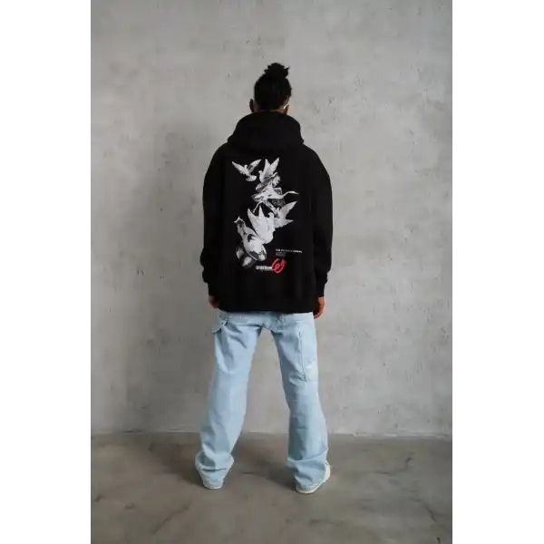 Erkek 3 İplik Pamuklu Kapüşonlu Baskılı Cepli Oversize Sweatshirt Hoodie - Siyah