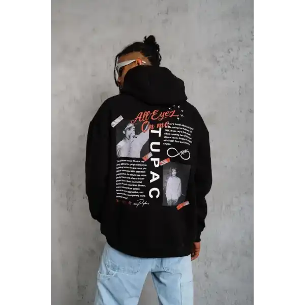 Erkek 3 İplik Pamuklu Kapüşonlu Baskılı Cepli Oversize Sweatshirt Hoodie - Siyah
