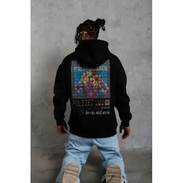 Erkek 3 İplik Pamuklu Kapüşonlu Baskılı Cepli Oversize Sweatshirt Hoodie - Siyah