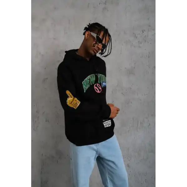 Erkek 3 İplik Pamuklu Kapüşonlu Baskılı Cepli Oversize Sweatshirt Hoodie - Siyah