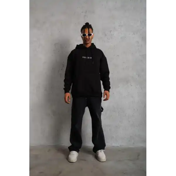 Erkek 3 İplik Pamuklu Kapüşonlu Baskılı Cepli Oversize Sweatshirt Hoodie - Siyah