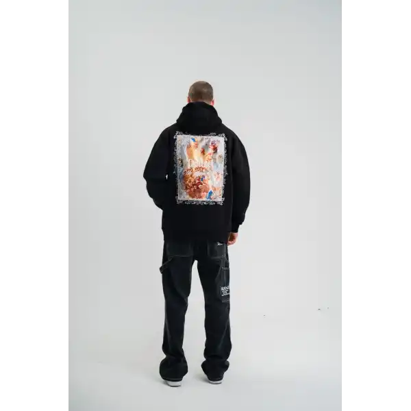 Erkek 3 İplik Pamuklu Kapüşonlu Baskılı Cepli Oversize Sweatshirt Hoodie - Siyah