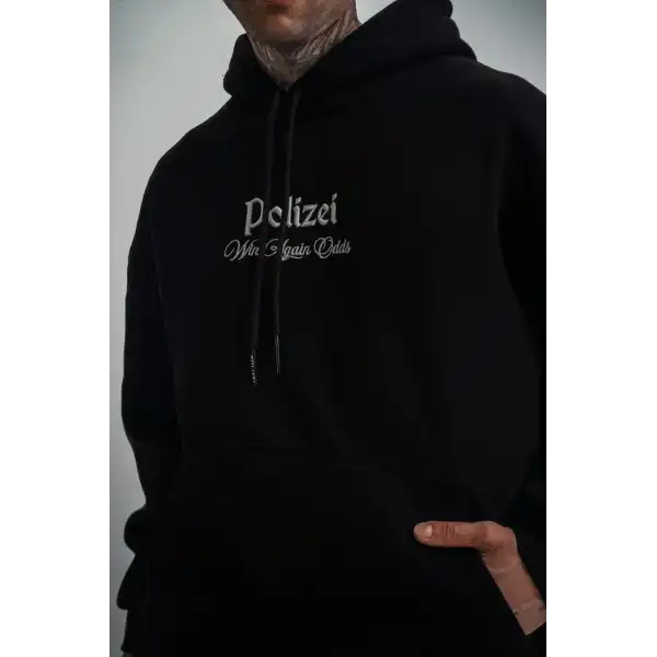 Erkek 3 İplik Pamuklu Kapüşonlu Baskılı Cepli Oversize Sweatshirt Hoodie - Siyah