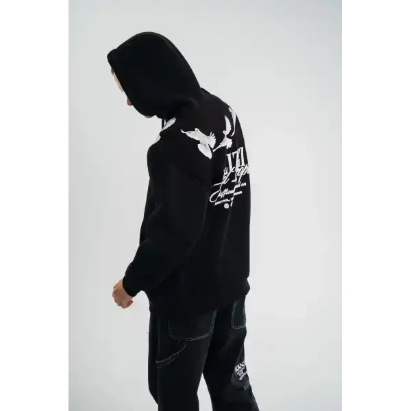 Erkek 3 İplik Pamuklu Kapüşonlu Baskılı Cepli Oversize Sweatshirt Hoodie - Siyah