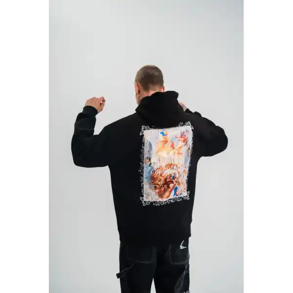 Erkek 3 İplik Pamuklu Kapüşonlu Baskılı Cepli Oversize Sweatshirt Hoodie - Siyah