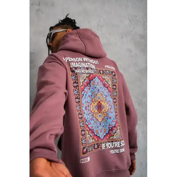 Erkek 3 İplik Pamuklu Kapüşonlu Baskılı Cepli Sweatshirt Hoodie - Gül Kurusu