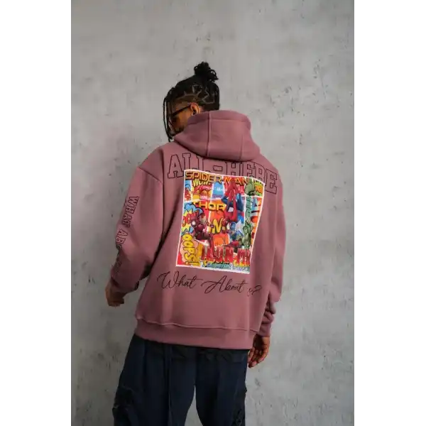 Erkek 3 İplik Pamuklu Kapüşonlu Baskılı Cepli Sweatshirt Hoodie - Gül Kurusu