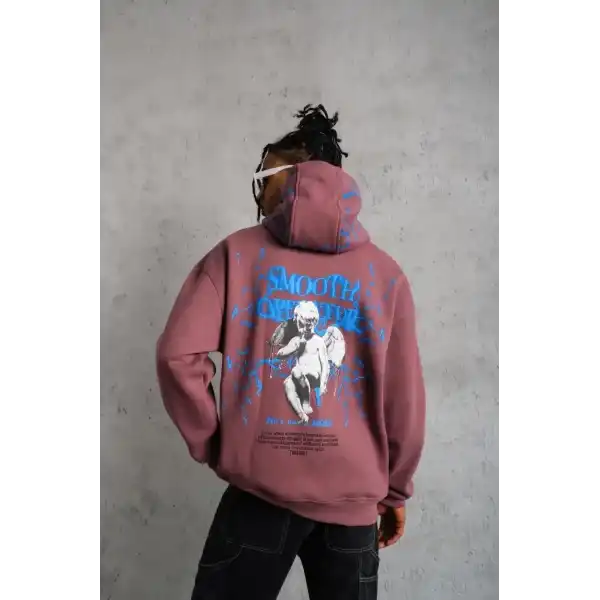 Erkek 3 İplik Pamuklu Kapüşonlu Baskılı Cepli Sweatshirt Hoodie - Gül Kurusu