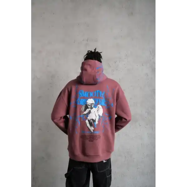 Erkek 3 İplik Pamuklu Kapüşonlu Baskılı Cepli Sweatshirt Hoodie - Gül Kurusu