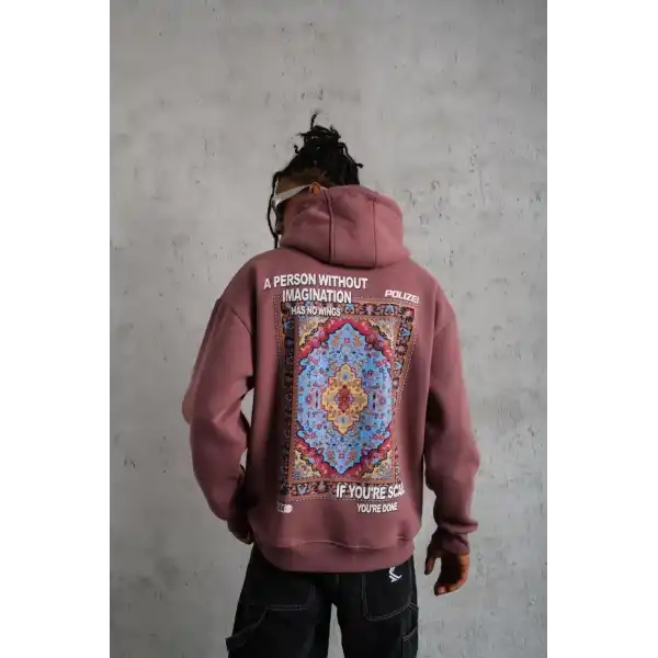 Erkek 3 İplik Pamuklu Kapüşonlu Baskılı Cepli Sweatshirt Hoodie - Gül Kurusu