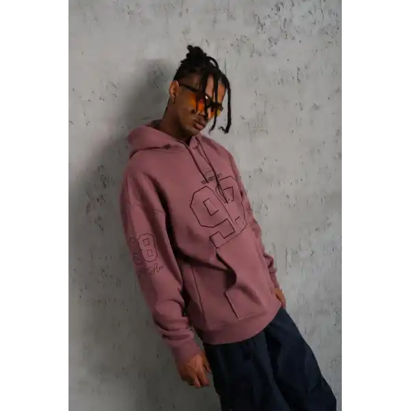 Erkek 3 İplik Pamuklu Kapüşonlu Baskılı Cepli Sweatshirt Hoodie - Gül Kurusu