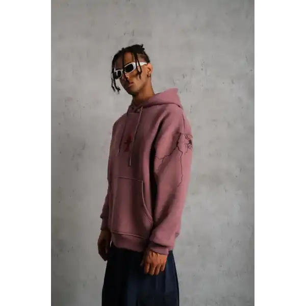 Erkek 3 İplik Pamuklu Kapüşonlu Baskılı Cepli Sweatshirt Hoodie - Gül Kurusu