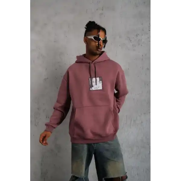 Erkek 3 İplik Pamuklu Kapüşonlu Baskılı Cepli Sweatshirt Hoodie - Gül Kurusu