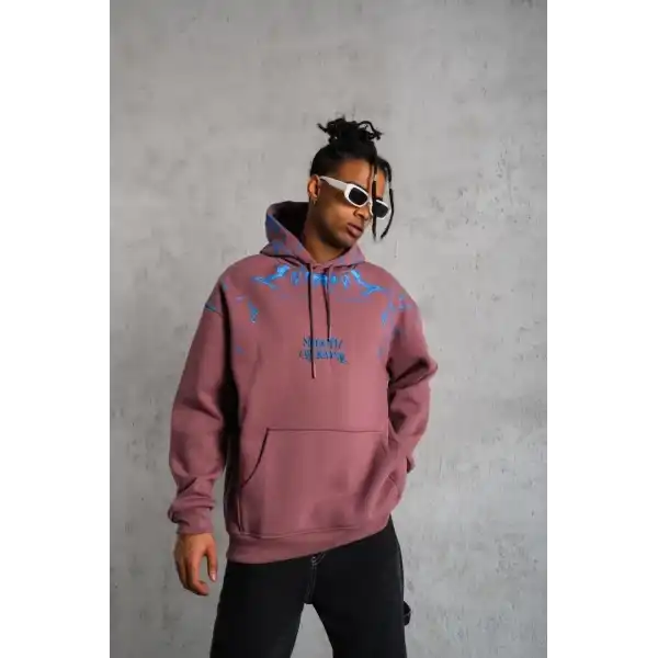 Erkek 3 İplik Pamuklu Kapüşonlu Baskılı Cepli Sweatshirt Hoodie - Gül Kurusu