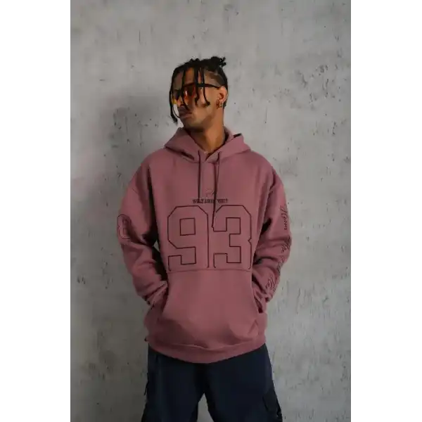 Erkek 3 İplik Pamuklu Kapüşonlu Baskılı Cepli Sweatshirt Hoodie - Gül Kurusu