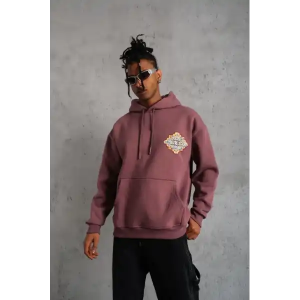 Erkek 3 İplik Pamuklu Kapüşonlu Baskılı Cepli Sweatshirt Hoodie - Gül Kurusu