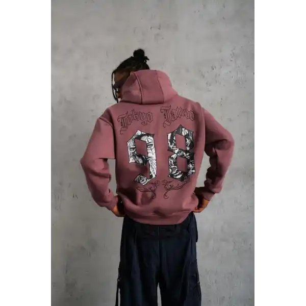 Erkek 3 İplik Pamuklu Kapüşonlu Baskılı Cepli Sweatshirt Hoodie - Gül Kurusu