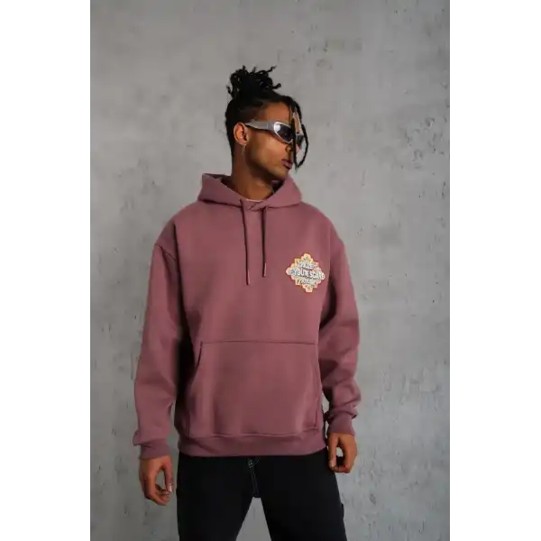 Erkek 3 İplik Pamuklu Kapüşonlu Baskılı Cepli Sweatshirt Hoodie - Gül Kurusu