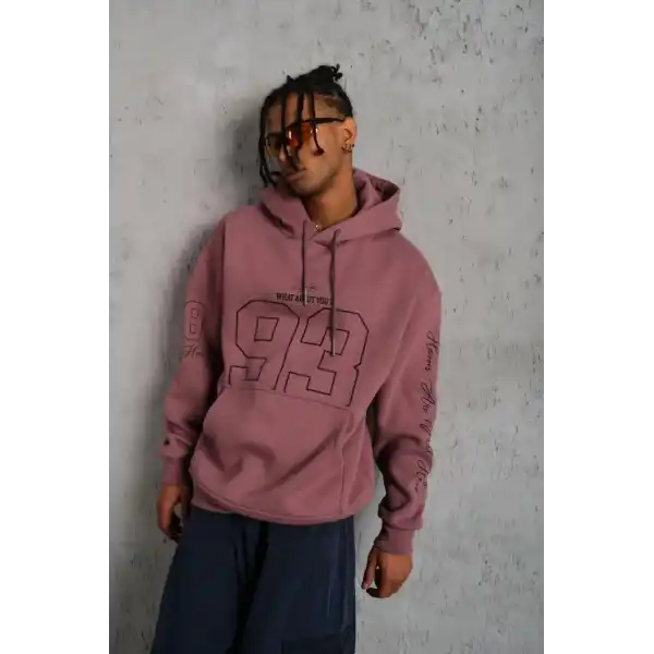 Erkek 3 İplik Pamuklu Kapüşonlu Baskılı Cepli Sweatshirt Hoodie - Gül Kurusu