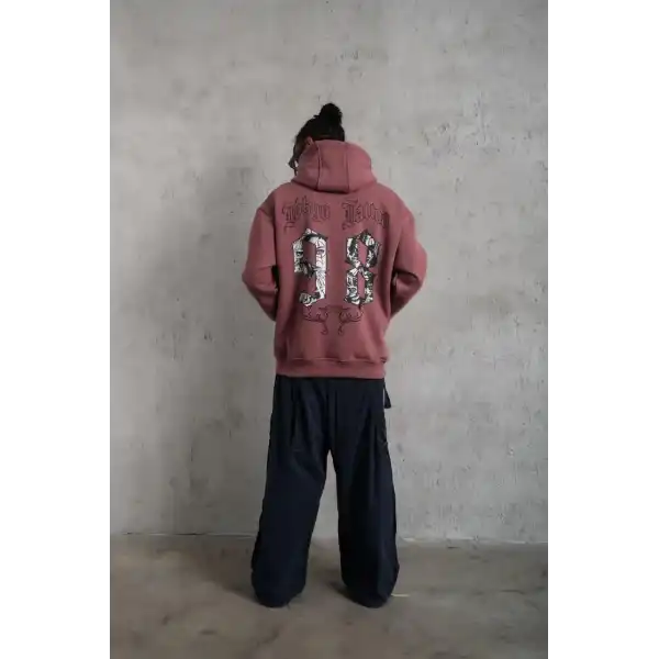 Erkek 3 İplik Pamuklu Kapüşonlu Baskılı Cepli Sweatshirt Hoodie - Gül Kurusu