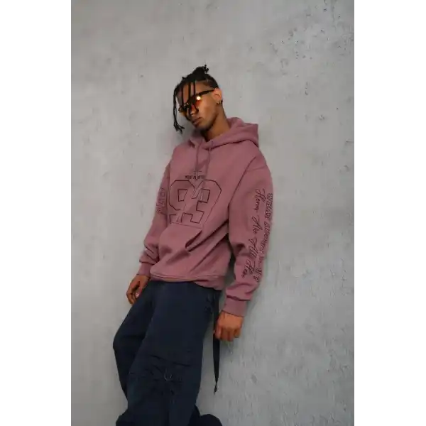 Erkek 3 İplik Pamuklu Kapüşonlu Baskılı Cepli Sweatshirt Hoodie - Gül Kurusu