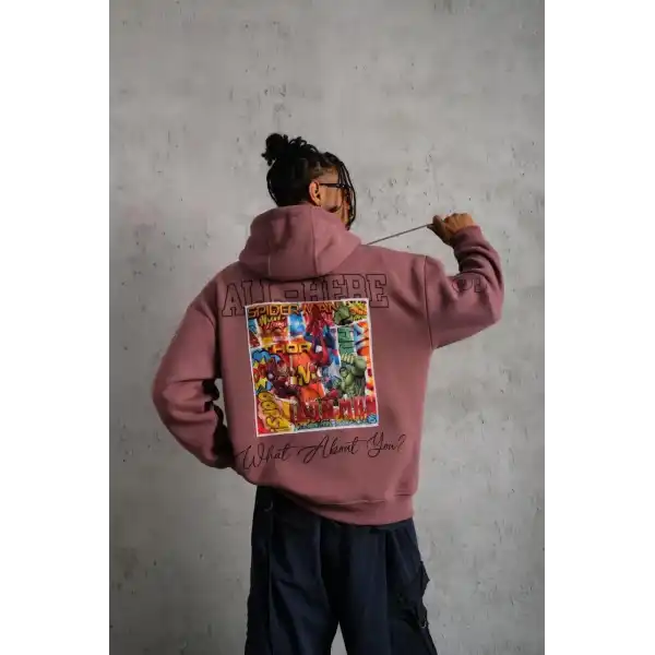 Erkek 3 İplik Pamuklu Kapüşonlu Baskılı Cepli Sweatshirt Hoodie - Gül Kurusu