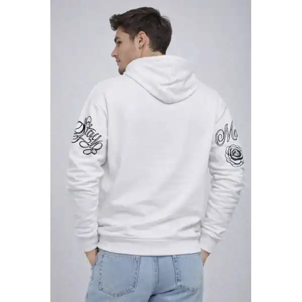 Erkek 3 İplik Pamuklu Kapüşonlu Baskılı SweatShirt hoodie - Beyaz