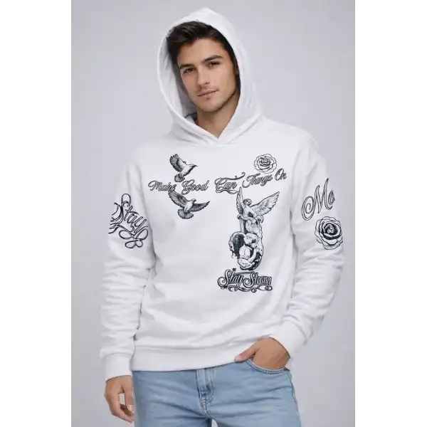 Erkek 3 İplik Pamuklu Kapüşonlu Baskılı SweatShirt hoodie - Beyaz