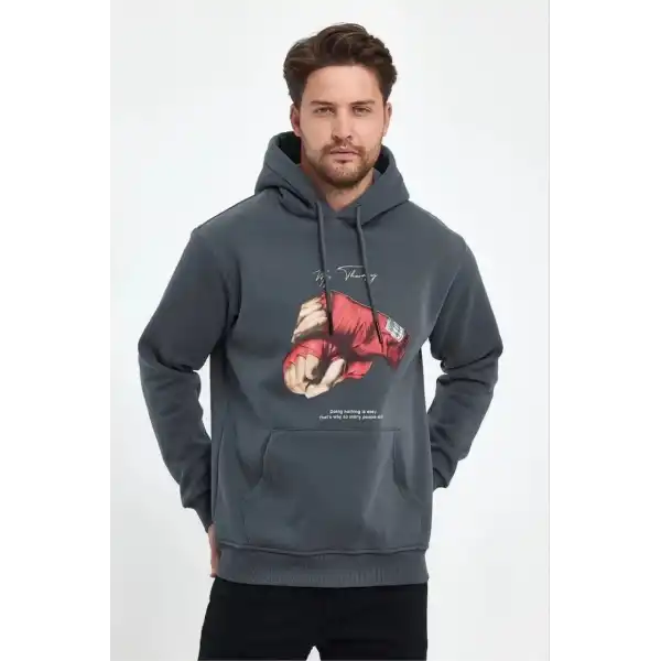 Erkek 3 İplik Pamuklu Kapüşonlu Cepli Boks Eldiven Baskılı Hoodie Sweatshirt - Füme