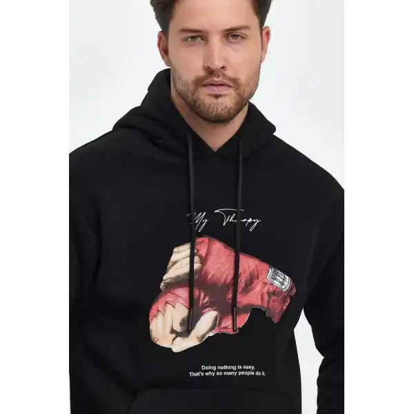Erkek 3 İplik Pamuklu Kapüşonlu Cepli Boxy Eldiven Baskılı Hoodie Sweatshirt - Siyah