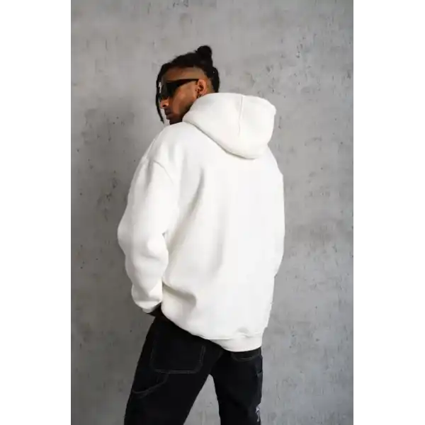 Erkek 3 İplik Pamuklu Kapüşonlu Cepli Düz Oversize Hoodie Sweatshirt - Beyaz