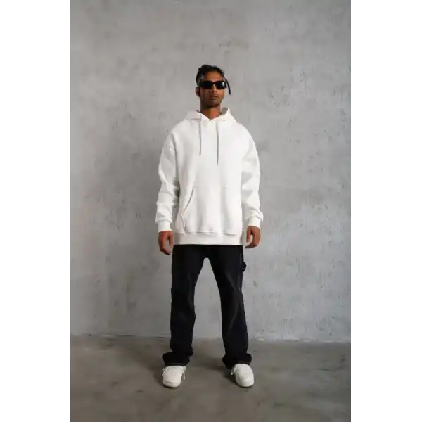 Erkek 3 İplik Pamuklu Kapüşonlu Cepli Düz Oversize Hoodie Sweatshirt - Beyaz