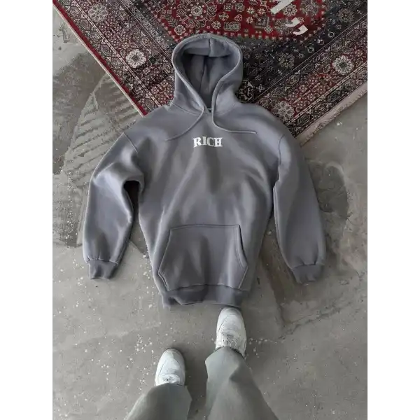 Erkek 3 İplik Pamuklu Kapüşonlu Kanguru Cepli Baskılı Oversize Hoodie Sweatshirt - Gri