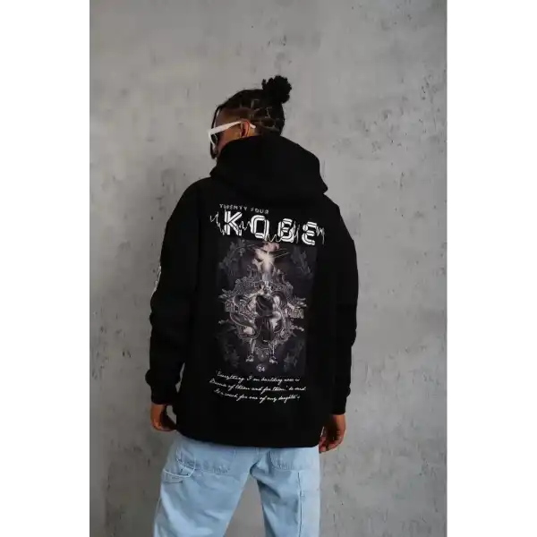 Erkek 3 İplik Pamuklu Kapüşonlu Kanguru Cepli Baskılı Oversize Hoodie Sweatshirt - Siyah