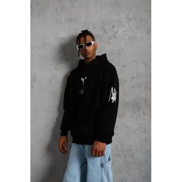Erkek 3 İplik Pamuklu Kapüşonlu Kanguru Cepli Baskılı Oversize Hoodie Sweatshirt - Siyah