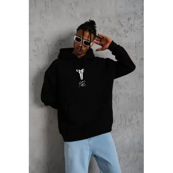 Erkek 3 İplik Pamuklu Kapüşonlu Kanguru Cepli Baskılı Oversize Hoodie Sweatshirt - Siyah
