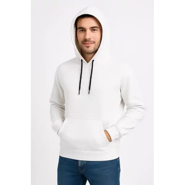 Erkek 3 İplik Pamuklu Kapüşonlu Kanguru Cepli SweatShirt hoodie - Beyaz
