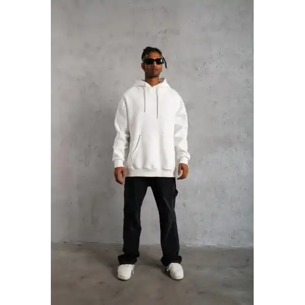Erkek 3 İplik Pamuklu Kapüşonlu Kanguru Cepli Sweatshirt Hoodie - Beyaz