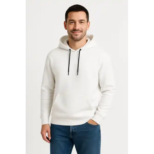 Erkek 3 İplik Pamuklu Kapüşonlu Kanguru Cepli SweatShirt hoodie - Beyaz