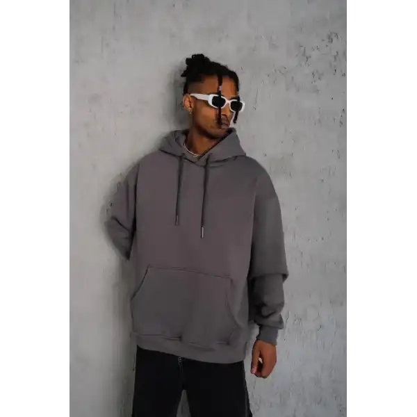 Erkek 3 İplik Pamuklu Kapüşonlu Kanguru Cepli Sweatshirt Hoodie - Gri