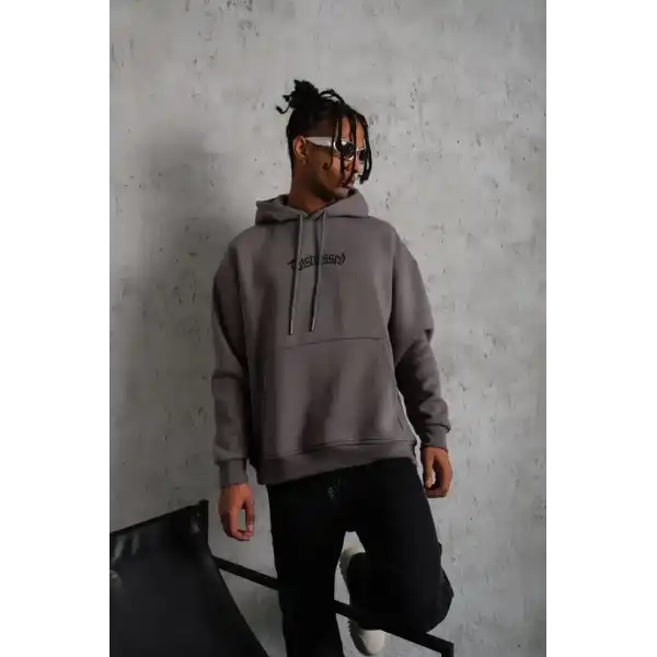Erkek 3 İplik Pamuklu Kapüşonlu Kanguru Cepli Sweatshirt Hoodie -  Gri
