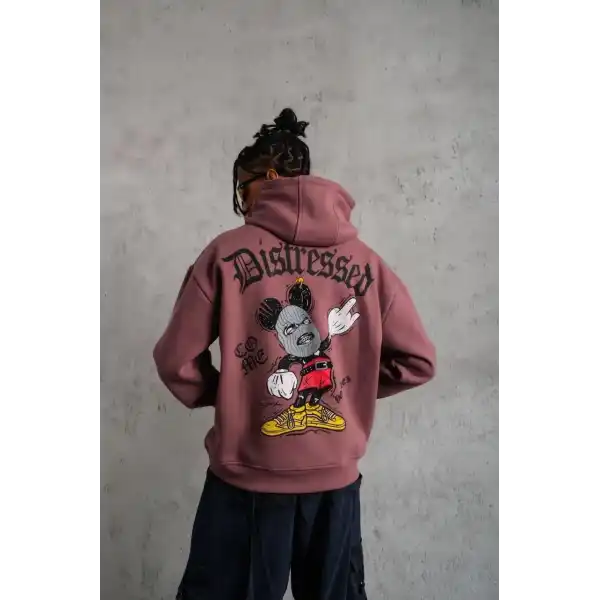Erkek 3 İplik Pamuklu Kapüşonlu Kanguru Cepli Sweatshirt Hoodie - Gül Kurusu