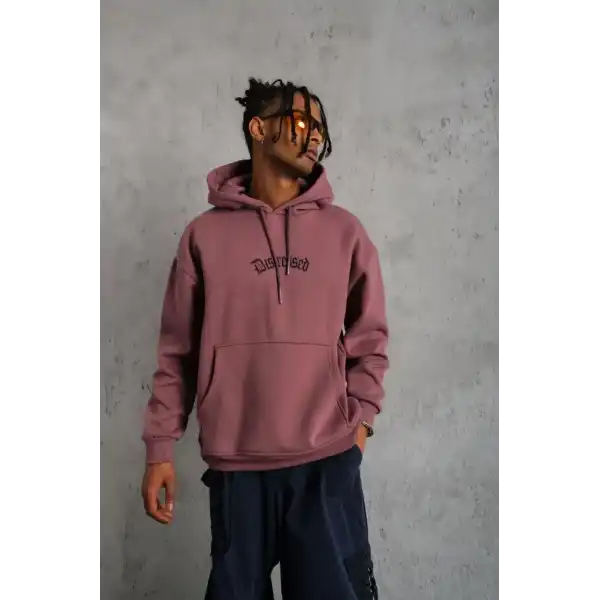 Erkek 3 İplik Pamuklu Kapüşonlu Kanguru Cepli Sweatshirt Hoodie - Gül Kurusu
