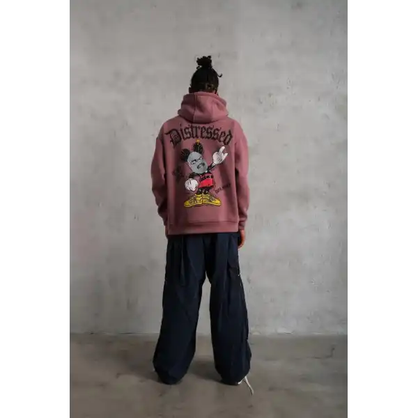 Erkek 3 İplik Pamuklu Kapüşonlu Kanguru Cepli Sweatshirt Hoodie - Gül Kurusu