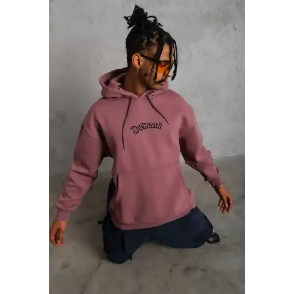 Erkek 3 İplik Pamuklu Kapüşonlu Kanguru Cepli Sweatshirt Hoodie - Gül Kurusu