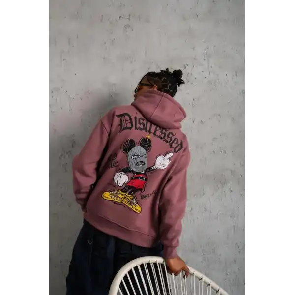 Erkek 3 İplik Pamuklu Kapüşonlu Kanguru Cepli Sweatshirt Hoodie - Gül Kurusu
