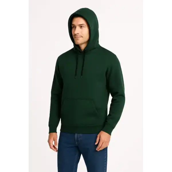 Erkek 3 İplik Pamuklu Kapüşonlu Kanguru Cepli SweatShirt hoodie - Haki