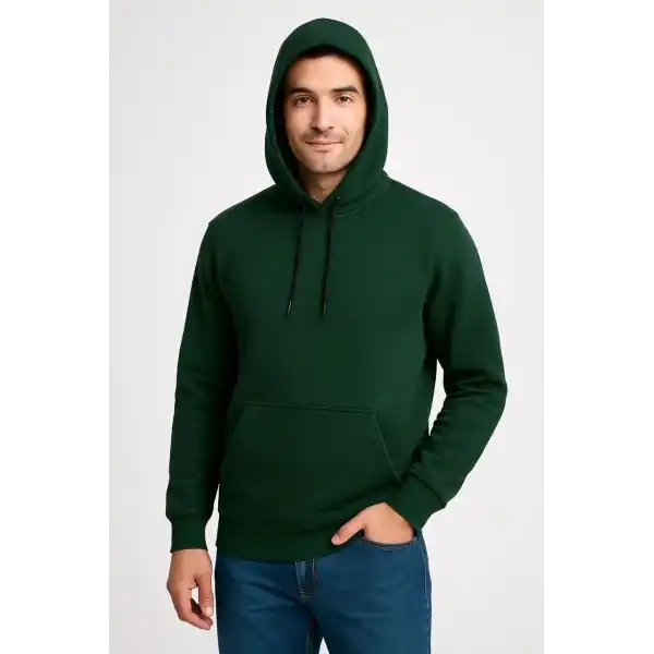 Erkek 3 İplik Pamuklu Kapüşonlu Kanguru Cepli SweatShirt hoodie - Haki