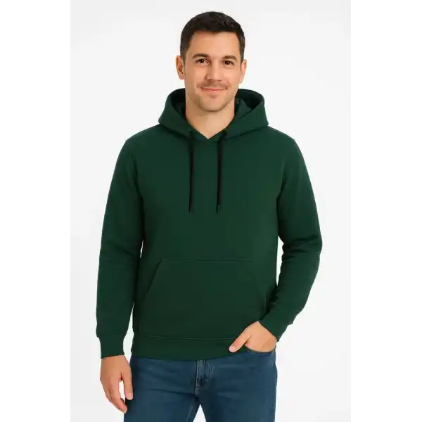 Erkek 3 İplik Pamuklu Kapüşonlu Kanguru Cepli SweatShirt hoodie - Haki