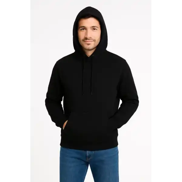 Erkek 3 İplik Pamuklu Kapüşonlu Kanguru Cepli SweatShirt hoodie - Siyah